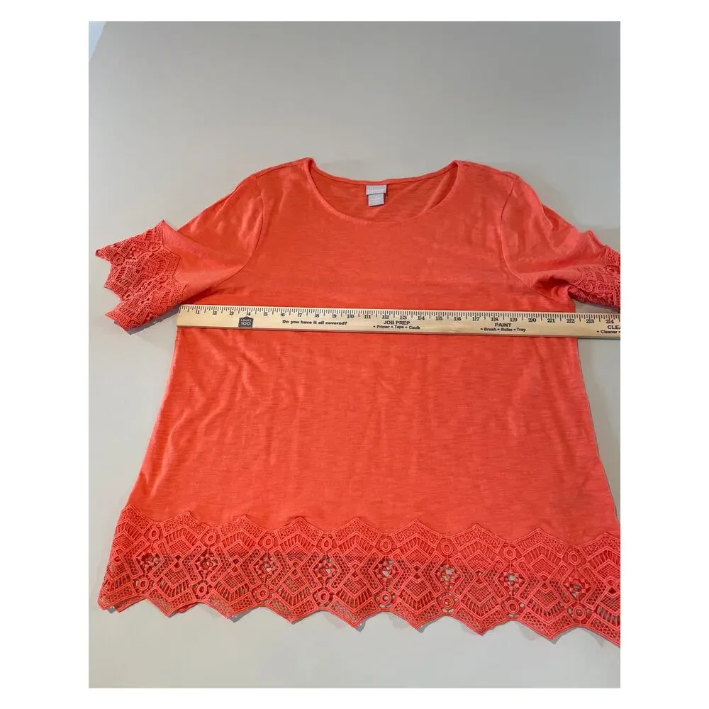 Chico’s Top Orange Coral Lace Trim Short Sleeve Boho Casual Size 3 XL